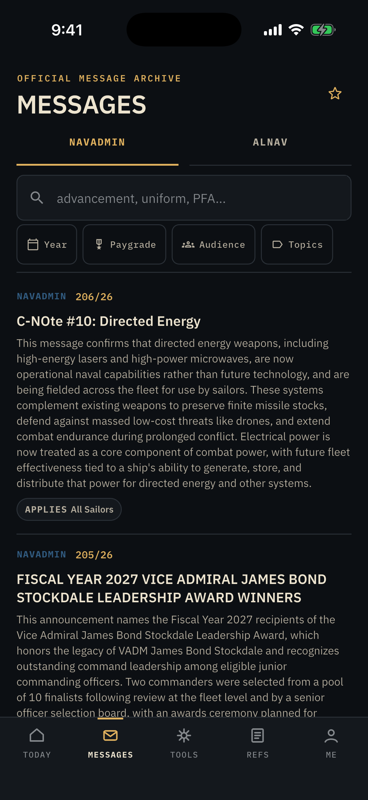 NAVADMIN and ALNAV search in the SeaBag app