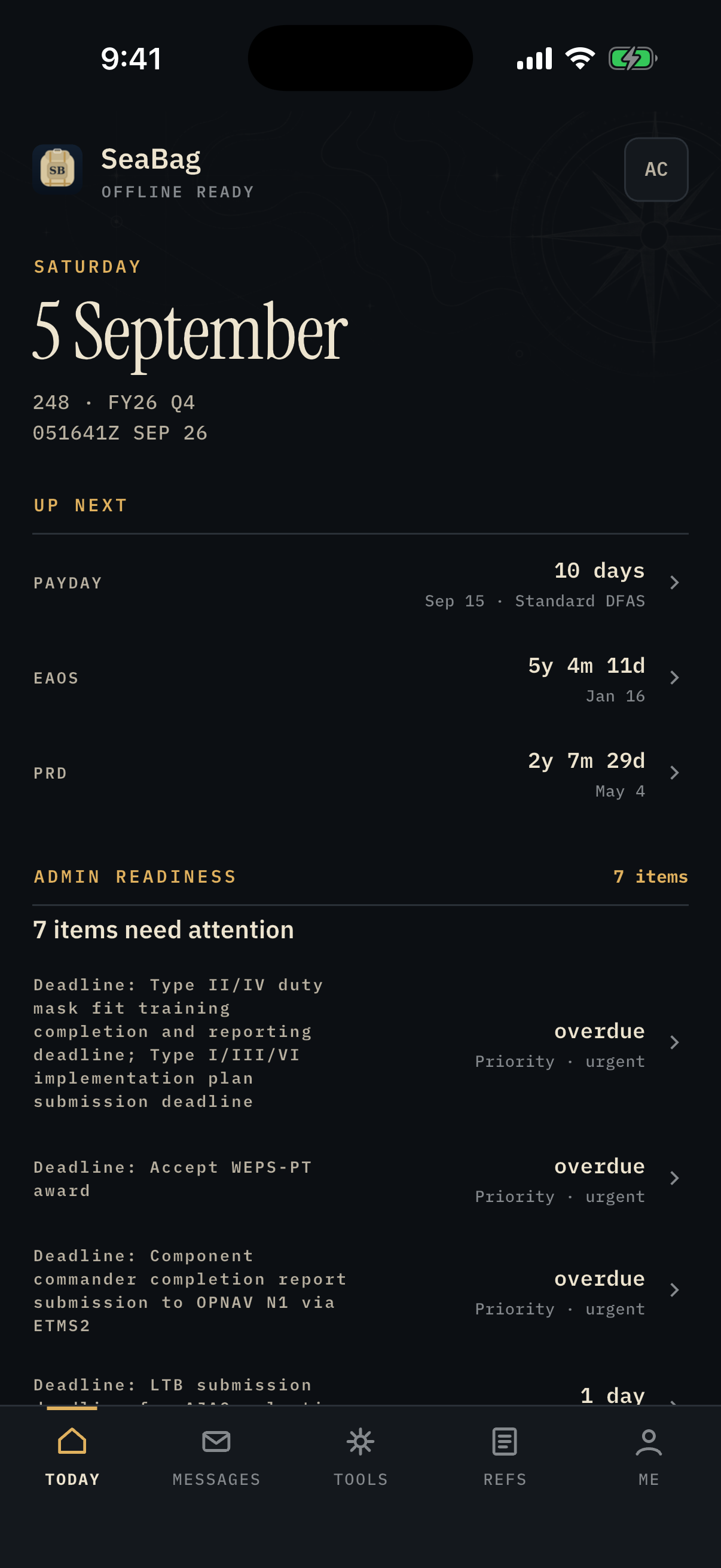 SeaBag Today screen in dark mode, with payday and admin readiness items